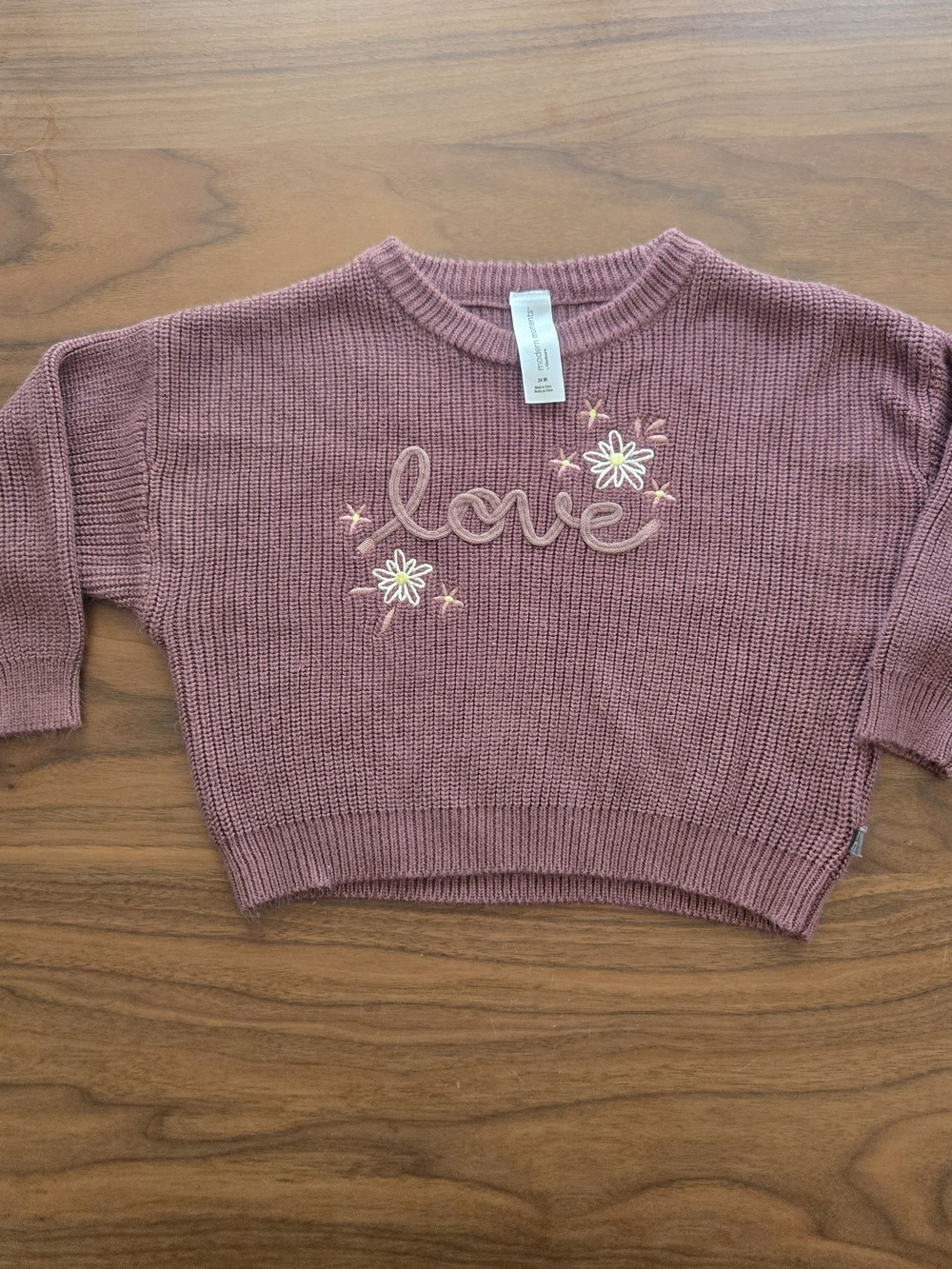 Modern Moments Mauve Knit Love Sweater Boho Chunky Graphic Pullover 24m